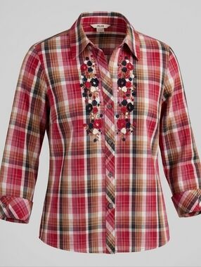 Alia Red Black Plaid Embroidered Women's Cotton Blend Button Up Shirt Size 10